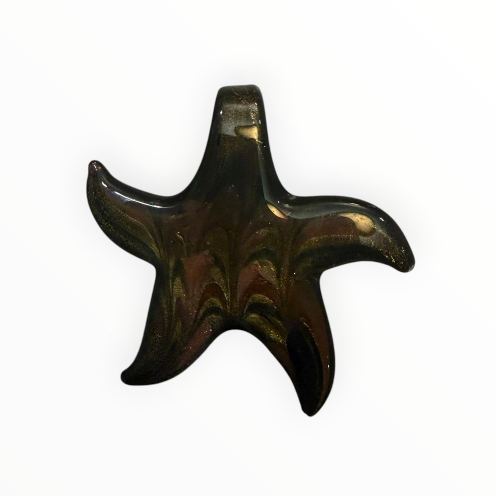Artisan Hand Blown Glass Starfish Pendant Gold Aventurine Black Swirl Nautical